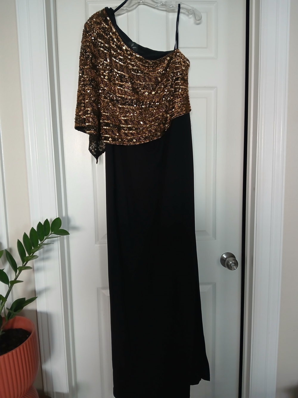 Adrianna Papell Black One-Shoulder Maxi Dress with Gold Sequin Capelet